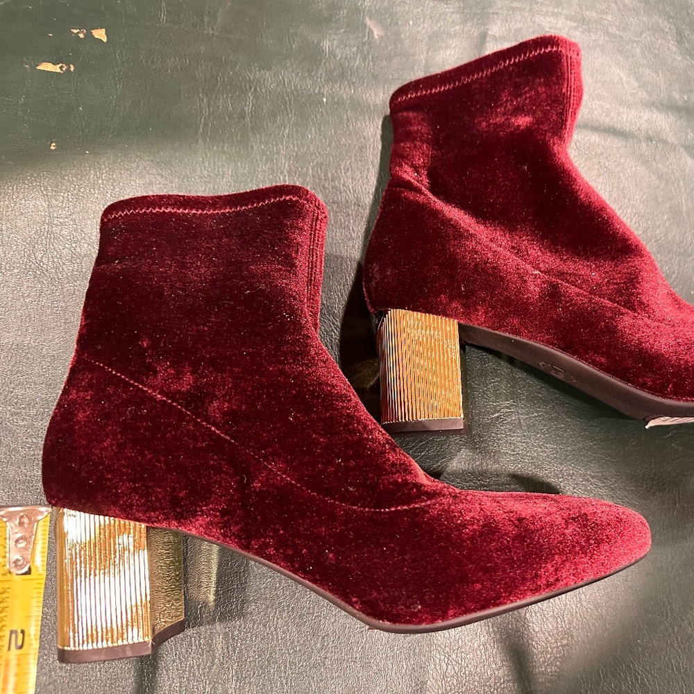 Red Velvet Ankle Boots with Gold Heel